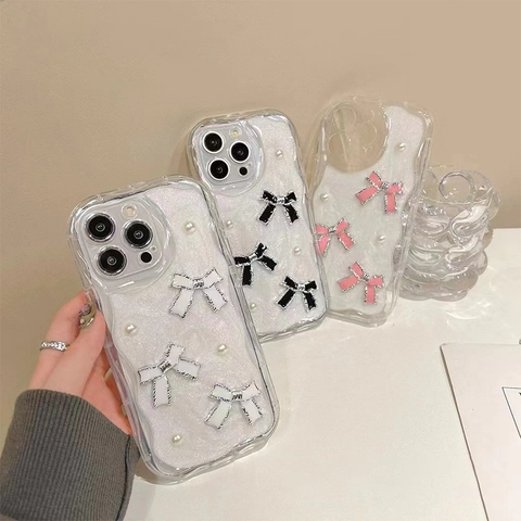 Wavy Edge Phone Case Compatible With IPhone Glitter TPU Soft Cover With Bowknot And Artificial Pearl Decoration Sweet Fashionable Protective