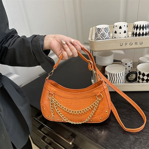 Underarm Crossbody Bag Crocodile Pattern PU Leather Multi Layer Gold Chain Rivet Crescent Shoulder Purse Retro Fashion For Women