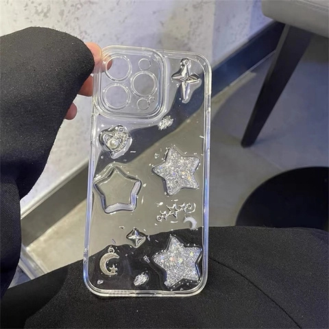 Transparente TPU Handyhülle Silberfolie Glitzer Stern Mond Künstliche Perle Herz 3D Dekoration Y2K Schickes Accessoire