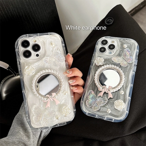 Coque iPhone Avec Miroir De Maquillage Künstliche Perle Papillon Fleur Décoration TPU Luxe Esthétique Douce Pour Femmes Filles