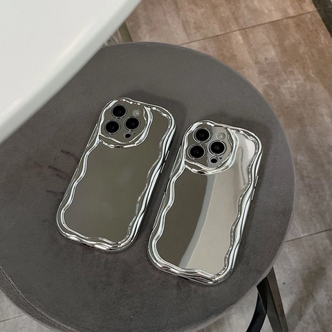 Custodia Per Telefono Specchio Ondulata Argento Galvanizzato TPU Antiurto Cover Protettiva Superficie Specchio Look Metallo Liquido