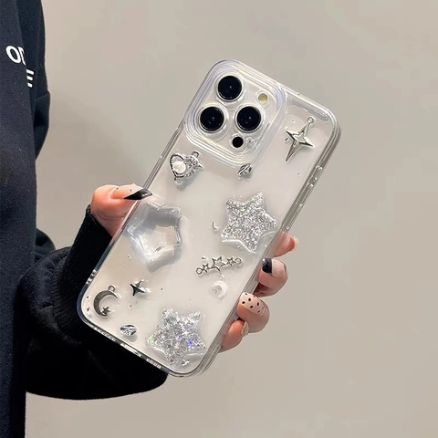 Transparente TPU Handyhülle Silberfolie Glitzer Stern Mond Künstliche Perle Herz 3D Dekoration Y2K Schickes Accessoire