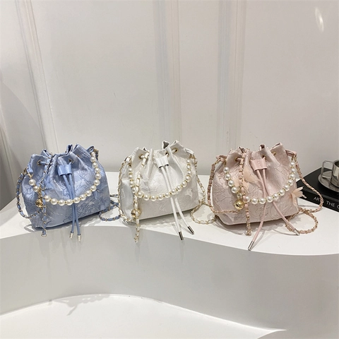 Borsa a Secchiello Jacquard in Pizzo Nuovo Stile Cinese da Donna Elegante Manico in Perla Artificiale Borsa a Tracolla in PU