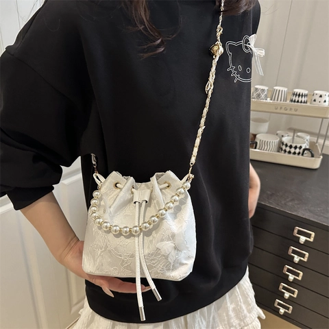 Elegante Eimer Tasche Aus Spitzen Jacquard Mit Künstliche Perlen Griff Und Schmetterlings Dekor Chinesischer Stil Damen Umhängetasche