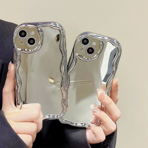 Custodia Per Telefono Specchio Ondulata Argento Galvanizzato TPU Antiurto Cover Protettiva Superficie Specchio Look Metallo Liquido