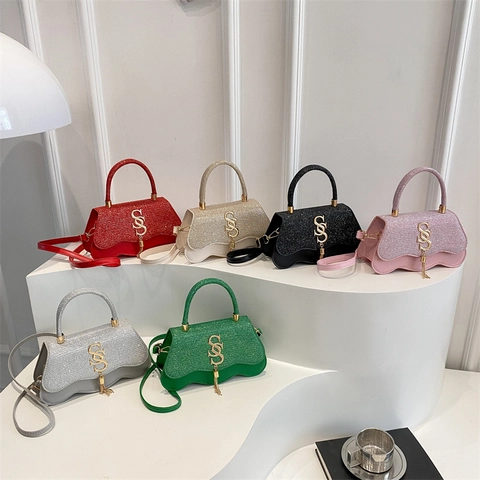 Women Crossbody Bag PU Leather Glitter Handbag Wave Bottom Metal Tassel SS Buckle Party Evening Small Square Purse
