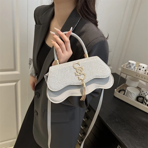 Women Crossbody Bag PU Leather Glitter Handbag Wave Bottom Metal Tassel SS Buckle Party Evening Small Square Purse