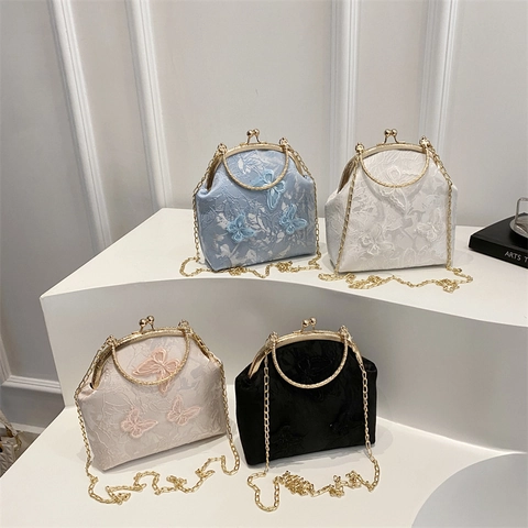 Sac À Main Vintage Broderie Papillon Dentelle Satin Sac À Épaule Avec Chaîne Et Poignée Métallique Pour Femmes
