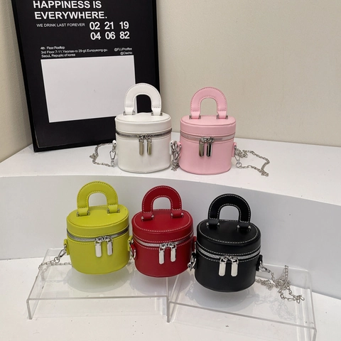 Bolso de Hombro Tipo Cubo Mini de Cuero PU para Mujer Costuras en Contraste Bolso Bandolera Cilíndrico con Cadena de Metal Plateado Asa Superior Color Sólido Tendencia Calle Diario