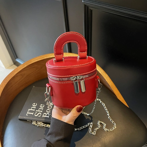 Dames Mini Cilinder Emmer Tas PU Leer Dubbele Rits Handvat Afneembare Ketting Schoudertas Trendy Accessoire
