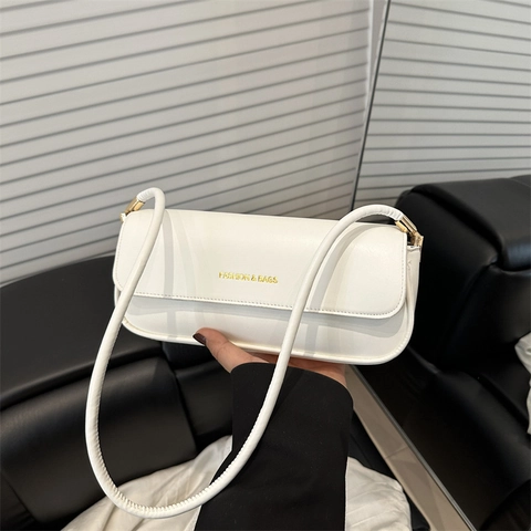 Bolso de Hombro de Cuero PU para Mujer Moda Estampado de Letras Bolso Baguette Simple Color Sólido Bolso de Axila para Tendencia Casual Diaria