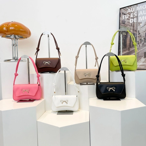Bolso De Hombro Para Mujer Cuero PU Hebilla Lazo Dorado Estilo Francés Color Sólido Correa Nudo Moda
