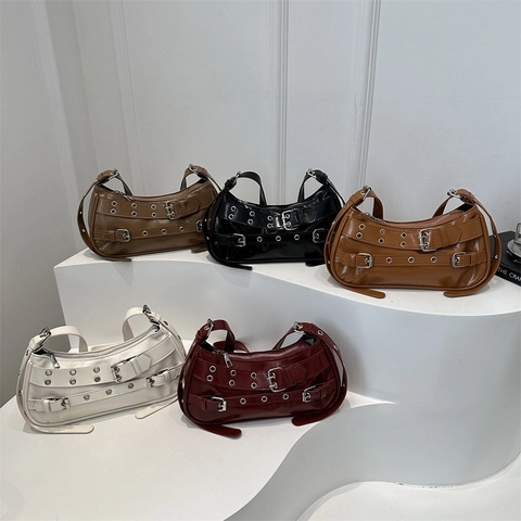 Borsa A Spalla Punk Y2K Donna Pelle PU Occhielli Fibbie Multiple Stile Motociclista Borsa Sottobraccio Hobo Trendy