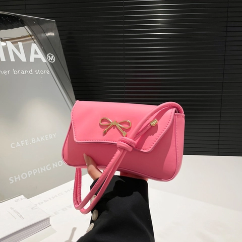 Bolso De Hombro Para Mujer Cuero PU Hebilla Lazo Dorado Estilo Francés Color Sólido Correa Nudo Moda