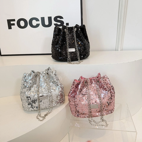 Borsa A Secchiello Con Paillettes Scintillanti Da Donna Pelle PU Lucida Coulisse Catena Tracolla Festa Sera