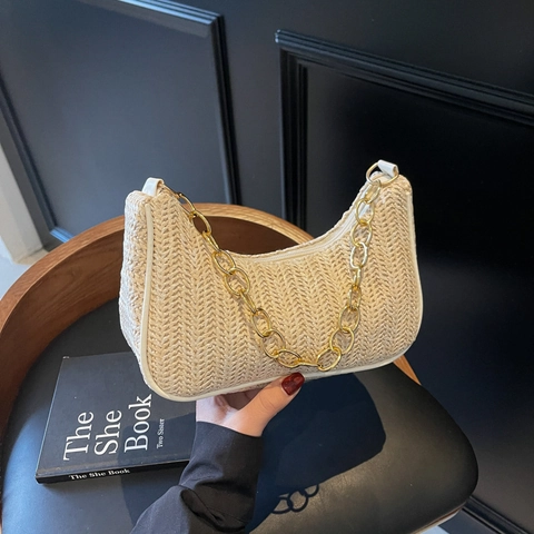 Stroh Gewebte Halbmond Schultertasche Goldene Kette Sommer Strand Handtasche Achseltasche Hobo Tasche Reißverschluss Mode