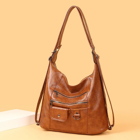 Damen Retro PU Leder Umhängetasche Große Kapazität Multi Tasche Vintage Lässig Schulter Hobo Tasche