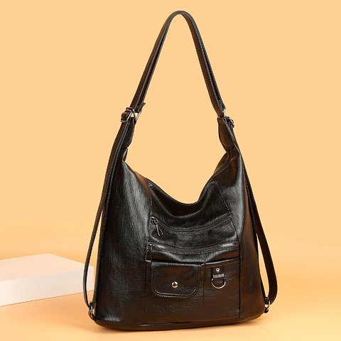 Damen Retro PU Leder Umhängetasche Große Kapazität Multi Tasche Vintage Lässig Schulter Hobo Tasche