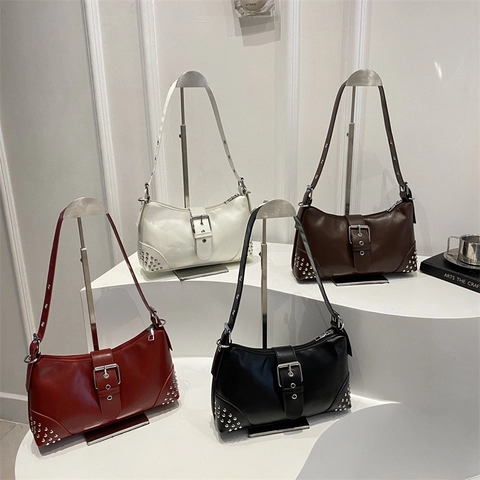 Borsa a Spalla in Pelle PU Retro per Donna Vintage Rivetti Grande Fibbia Borsa Hobo Pendolare Borsa a Tracolla Y2K Punk Borsa Sottobraccio