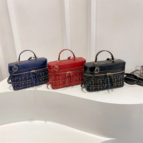 Élégant Sac Bandoulière Tweed Patchwork Femme Vintage Box Sac À Main Similicuir Sac Porté Épaule Avec Poignée Double Zip