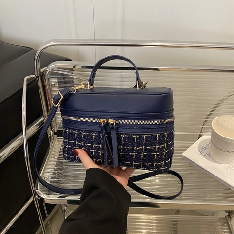 Élégant Sac Bandoulière Tweed Patchwork Femme Vintage Box Sac À Main Similicuir Sac Porté Épaule Avec Poignée Double Zip