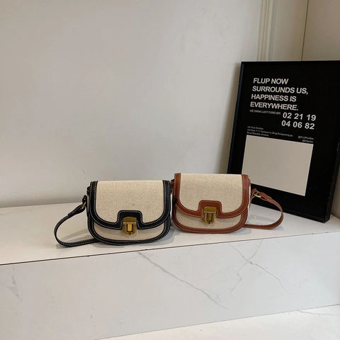 Sac Selle Rétro en PU pour Femmes Surpiqûres Contrastées Mode Petit Sac à Bandoulière Polyvalent Décontracté Main Pochette