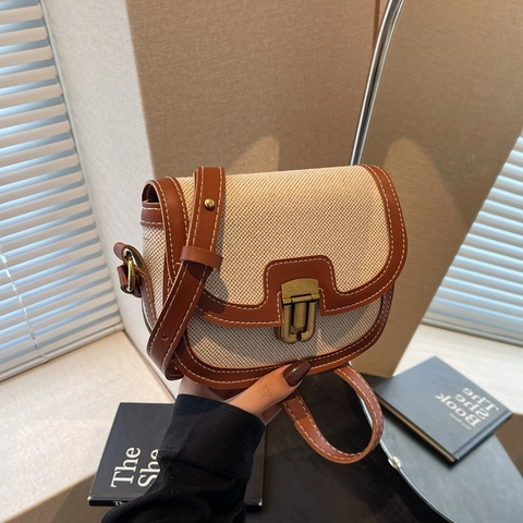 Dames Retro Contrast Kleur Canvas Patchwork PU Leer Zadeltas Mode Schoudertas Met Metalen Gesp Dagelijks Handtas