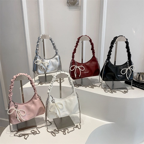 Women Underarm Bag PU Leather Ruched Handle Artificial Pearl Bow Charm Metal Chain Strap Fashion Shoulder Handbag Commuting