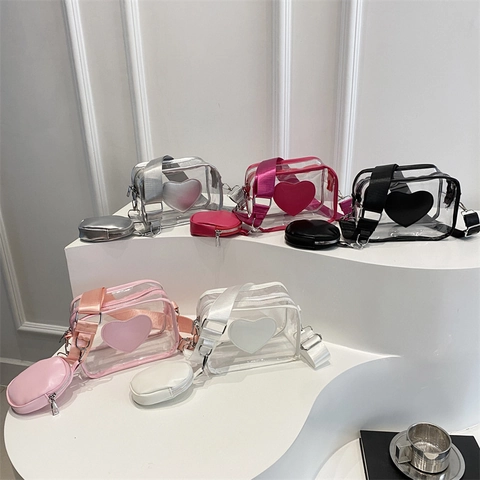 Fashion Women Transparent PVC Crossbody Bag Splicing Heart Pattern Shoulder Bag With Adjustable Wide Strap Mini Round Coin Purse