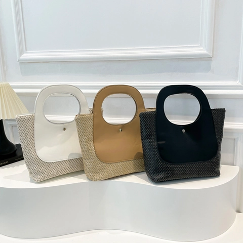 Borsa Tote In Paglia Intrecciata Da Donna Patchwork In Pelle PU Retrò Manico Rotondo Grande Capacità Vacanza Al Mare Estate