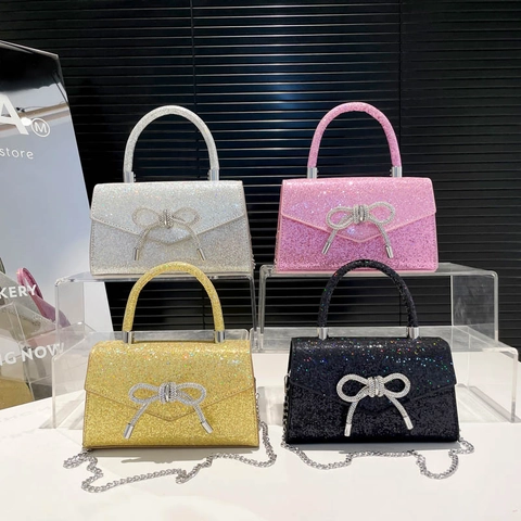 Glitzer Abendhandtasche Mit Strass Schleife PU Leder Umhängetasche Schimmernde Party Clutch Für Frauen Elegant