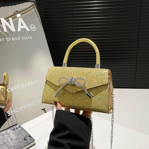 Glitzer Abendhandtasche Mit Strass Schleife PU Leder Umhängetasche Schimmernde Party Clutch Für Frauen Elegant