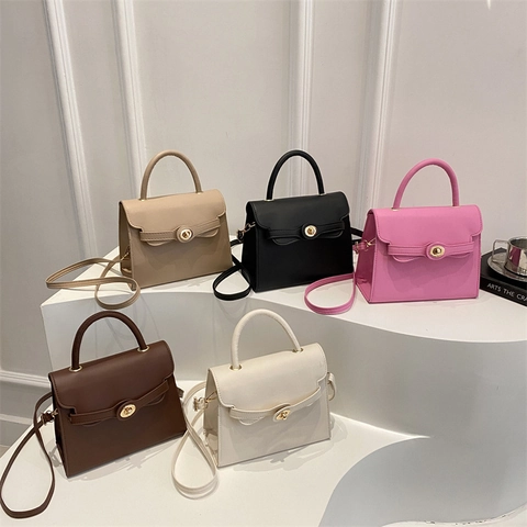 Small Square PU Leather Handbag With Top Handle Golden Twist Lock Crossbody Shoulder Bag For Women Retro Minimalist