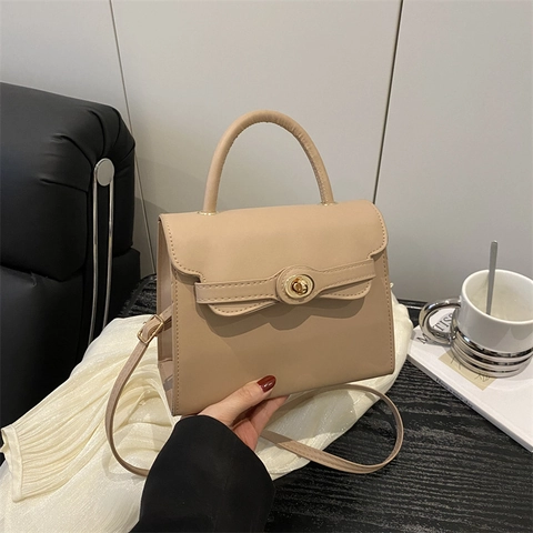 Small Square PU Leather Handbag With Top Handle Golden Twist Lock Crossbody Shoulder Bag For Women Retro Minimalist