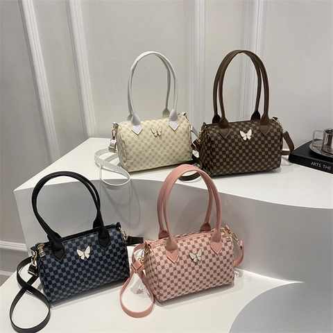 Dames Retro Print Boston Tas PU Leer Vlinder Hanger Elegante Vat Schouder Crossbody Handtas Mode