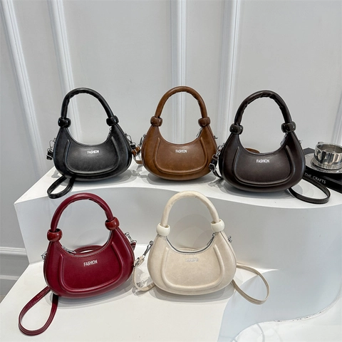 Trendy PU Leather Crescent Shoulder Bag For Women Fashion Half Moon Crossbody Bag With Adjustable Strap Knotted Handle Casual Tote