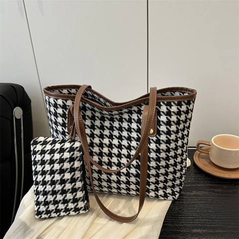 Hahnentrittmuster Gewebte Tragetasche Schultertasche Und Passende Tasche Große Kapazität Retro Pendler Kunstleder Besatz Für Damen