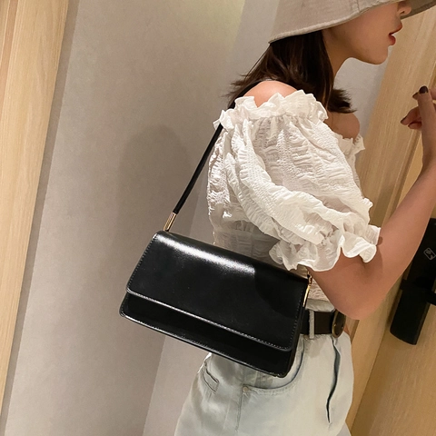 Bolso De Axila Minimalista Para Mujer Cuero PU Bolso De Hombro Con Solapa Rectangular Y Herrajes Dorados Elegante Vintage
