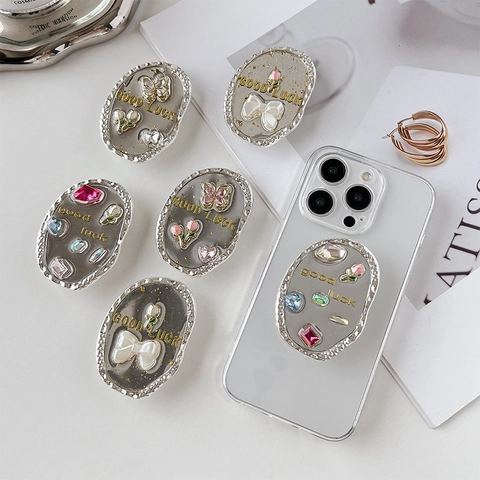 Einziehbarer Handy Griff Ständer Legierung Straßstein Schmetterling Blume Herz Good Luck Edelstein Fingerhalter