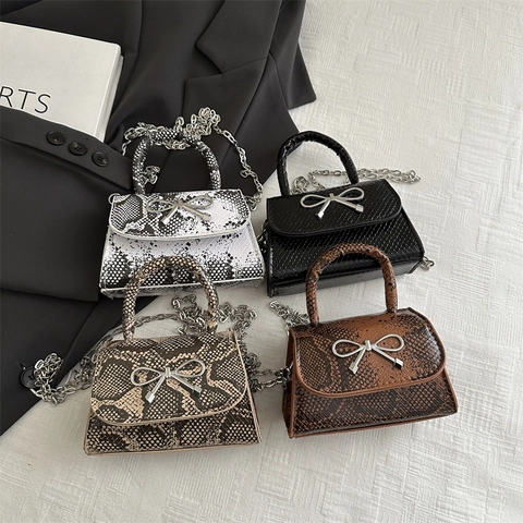 Mini Borsa Tracolla Pelle PU Motivo Serpente Donna Borsa Mano Moda Con Fiocco Metallo Catena Argentata Piccola Borsa Quadrata