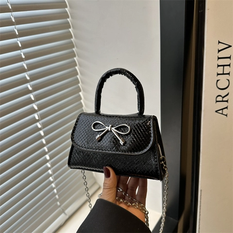 Mini Borsa Tracolla Pelle PU Motivo Serpente Donna Borsa Mano Moda Con Fiocco Metallo Catena Argentata Piccola Borsa Quadrata