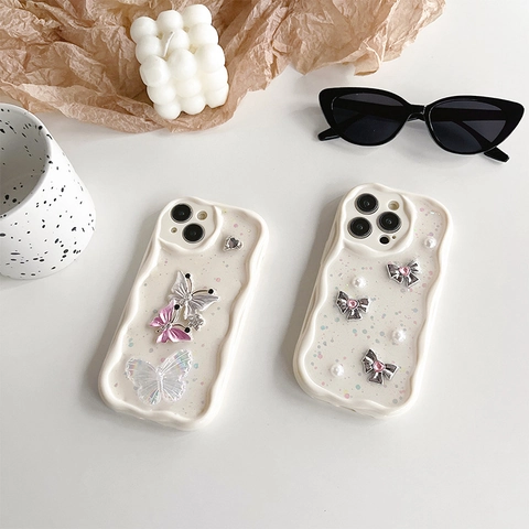 Cream Ins Style Phone Case 3D Butterfly Bow Rhinestone Artificial Pearl Glitter Wavy Shockproof Soft TPU