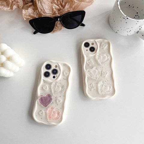 Wave Edge Heart Bowknot Phone Case Glitter Artificial Pearl TPU Shockproof Protective Cover For IPhone