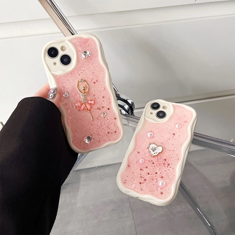 Coque De Téléphone Rose Bord Ondulé Époxy Paillettes Ballerine Strass Cœur En Künstliche Perles Douce Protection Pour IPhone