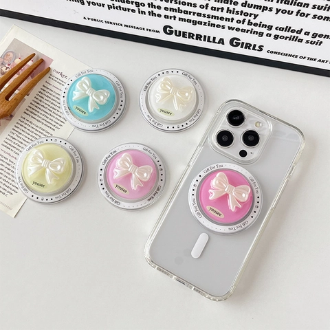 3D Artificial Pearl Bowknot Magnetic Phone Socket Holder Expandable Griptok Korean Ins Style Universal Finger Ring Stand Desktop