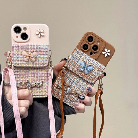 Crossbody Telefoonhoesje Met Tweed Kaartsleuf Portemonnee Vlinder Bloem Decor Voor Vrouwen Elegante Luxe Hoes