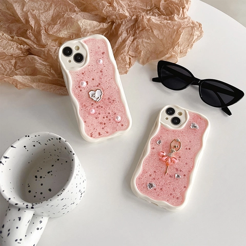 Coque De Téléphone Rose Bord Ondulé Époxy Paillettes Ballerine Strass Cœur En Künstliche Perles Douce Protection Pour IPhone