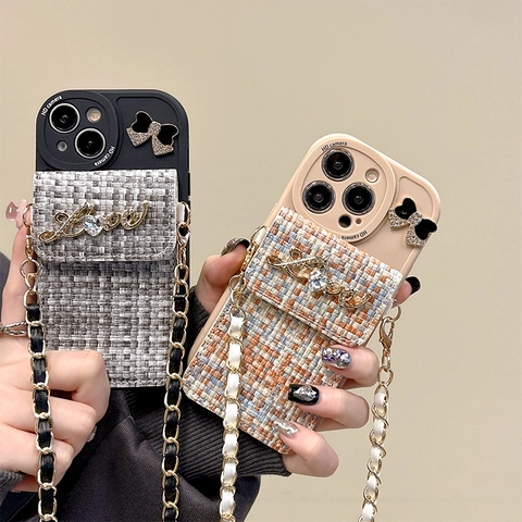 Funda De Teléfono Cartera De Tweed Con Letra Love De Diamantes De Imitación Lazo Cadena Cruzada Lujo Para IPhone