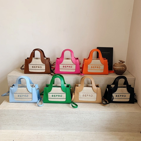 Women Fashion Shoulder Bag PU Leather Canvas Patchwork Letter Print Small Square Handbag Top Handle Crossbody Purse
