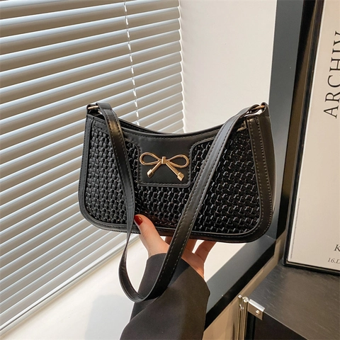Modische Gewebte PU Leder Unterarmtasche Goldene Schleife Metall Schnalle Baguette Schultertasche Für Damen